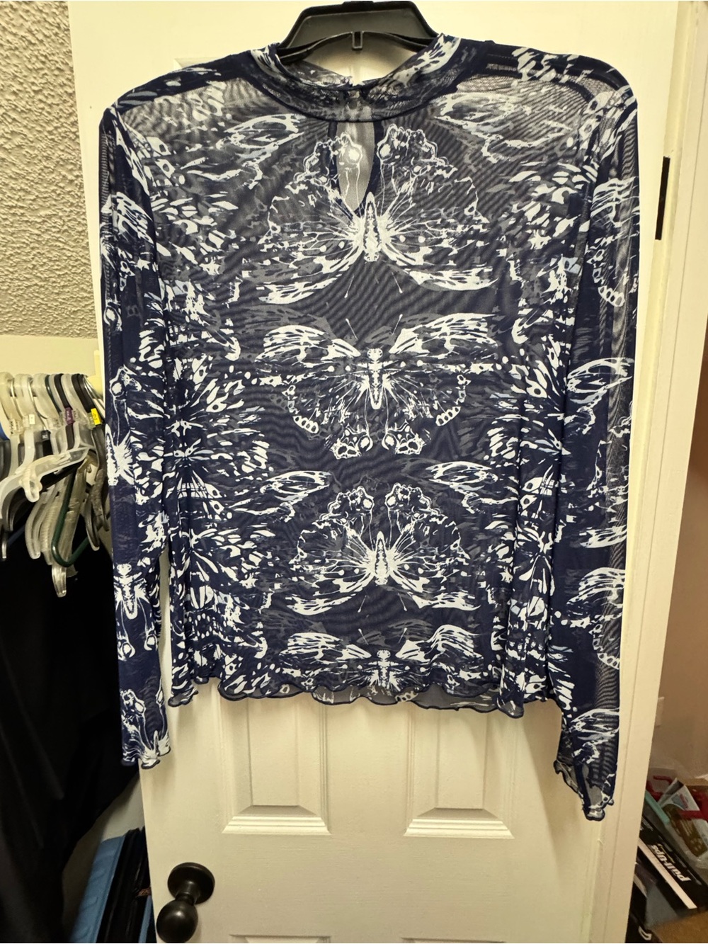 Lane Bryant Navy and White Sheer Butterfly-Print Mock Neck Top